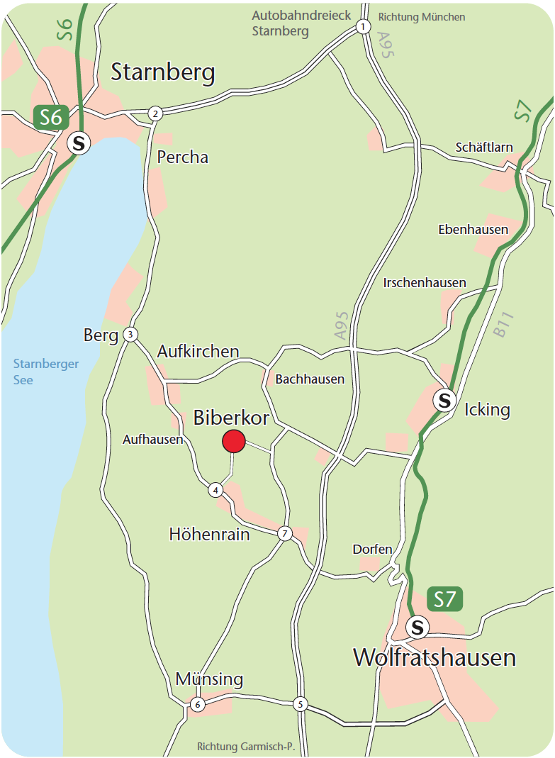Anfahrtsskizze zur Montessori Biberkor Schule im Landkreis Starnberg bei München